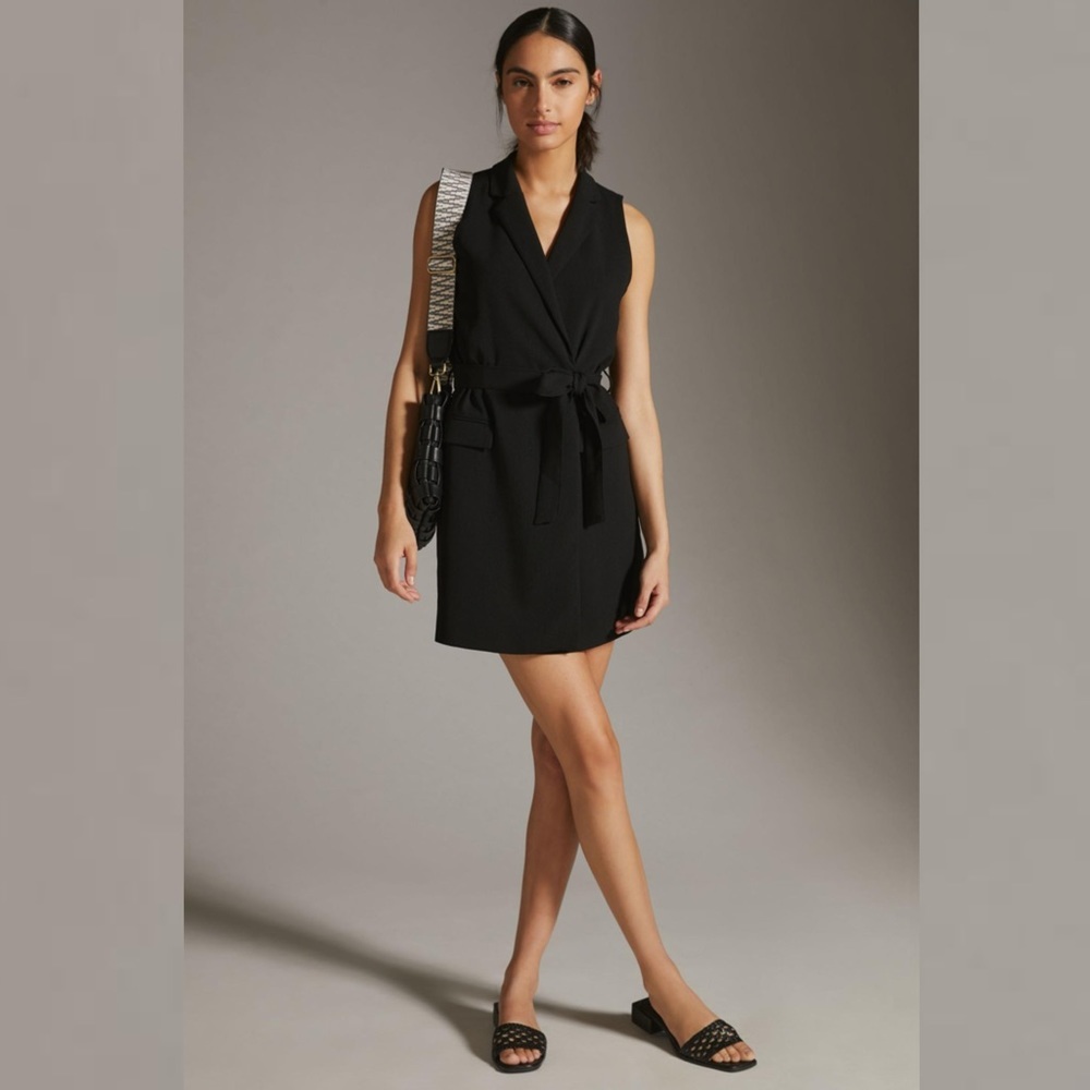 ANTHROPOLOGIE BLACK SLEEVELESS VEST WRAP BELTED MINI SUIT DRESS